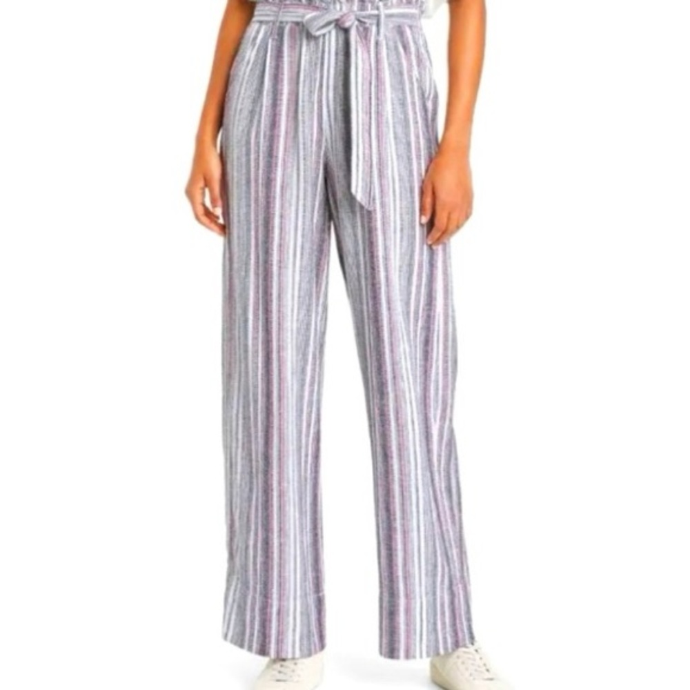 NWT Knox Rose Women's Linen Blend High-Rise Wide Leg Pants White/Blue Size XS